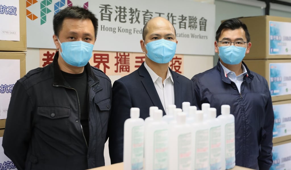 (From left) Tang Fei , vice-chairman of the Hong Kong Federation of Education Workers; Wong Kam-leung, chairman and Wong Wai-shing, vice-chairman. Photo: Winson Wong