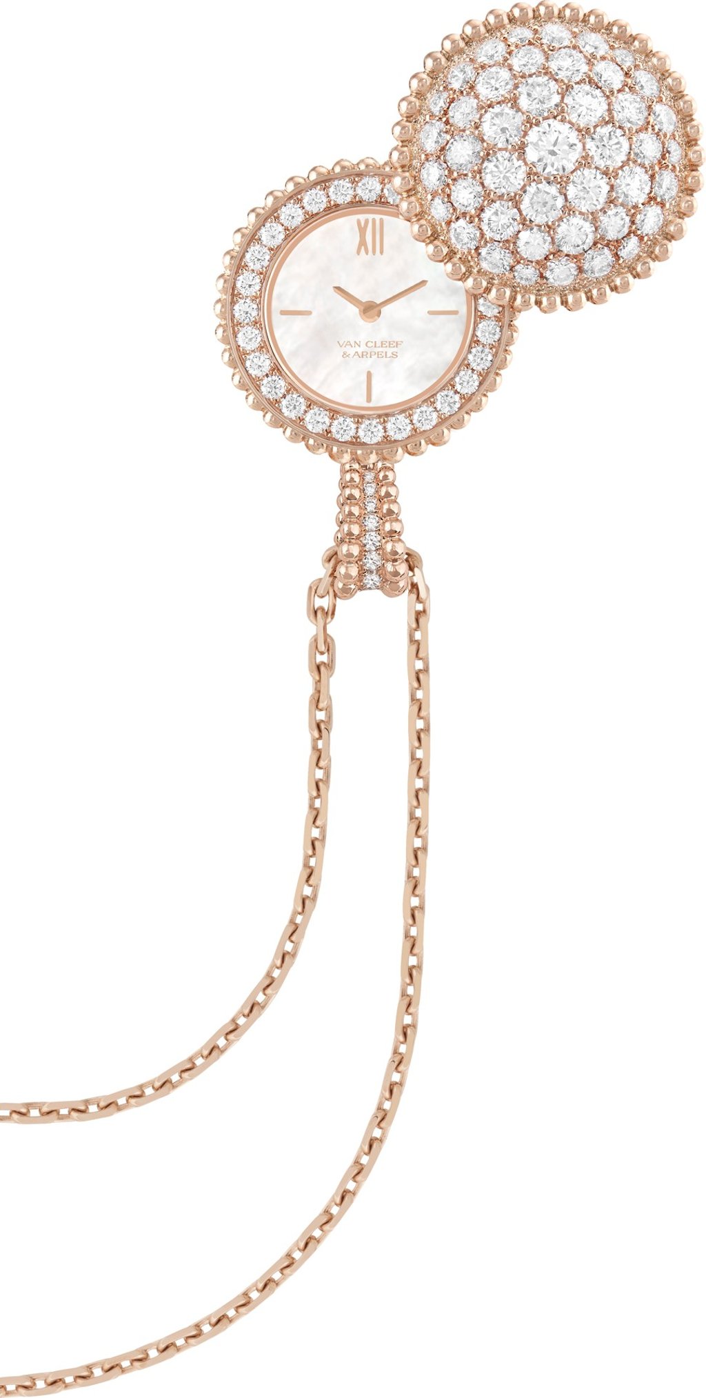 Van Cleef & Arpels Perlée pendant watch with rose gold and diamonds. Photo: Van Cleef & Arpels Van Cleef & Arpels Perlée pendant watch with rose gold and diamonds. Photo: Van Cleef & Arpels