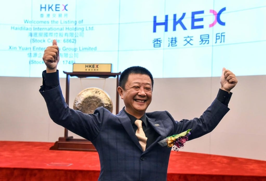 Zhang Yong, Haidilao’s co-founder and chairman, smiles on the day the company listed in Hong Kong. Photo: China News Service/Visual China Group via Getty Images