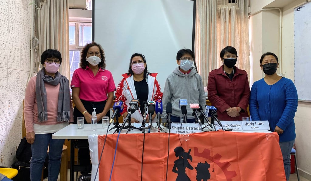 Members of the Hong Kong Federation of Asian Domestic Workers Unions meet the press on March 22 to discuss fears surrounding living with employers undergoing quarantine during the Covid-19 epidemic. Photo: Fiona Sun Members of the Hong Kong Federation of Asian Domestic Workers Unions meet the press on March 22 to discuss fears surrounding living with employers undergoing quarantine during the Covid-19 epidemic. Photo: Fiona Sun