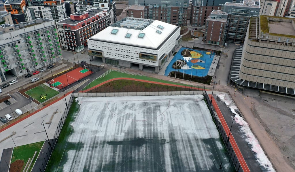 Empty streets and a school playground in Helsinki. Photo: Reuters