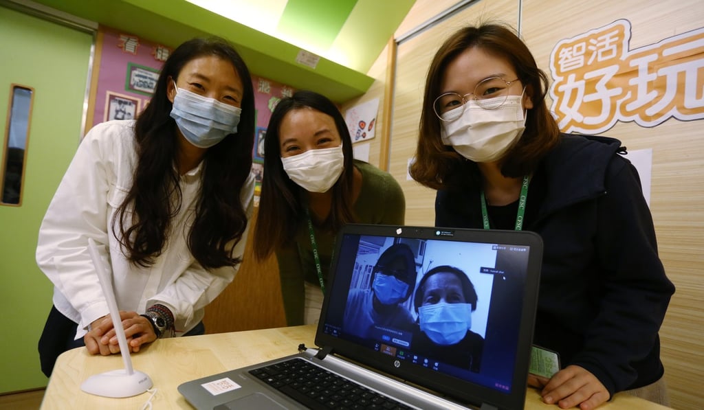 Tong Choi-ying, programme director (left), and social workers Chan Hiu-laam (centre) and Chan Ka-po at the Christian Family Service Centre in Kowloon Bay on a video call with the Chan family. Photo: Jonathan Wong