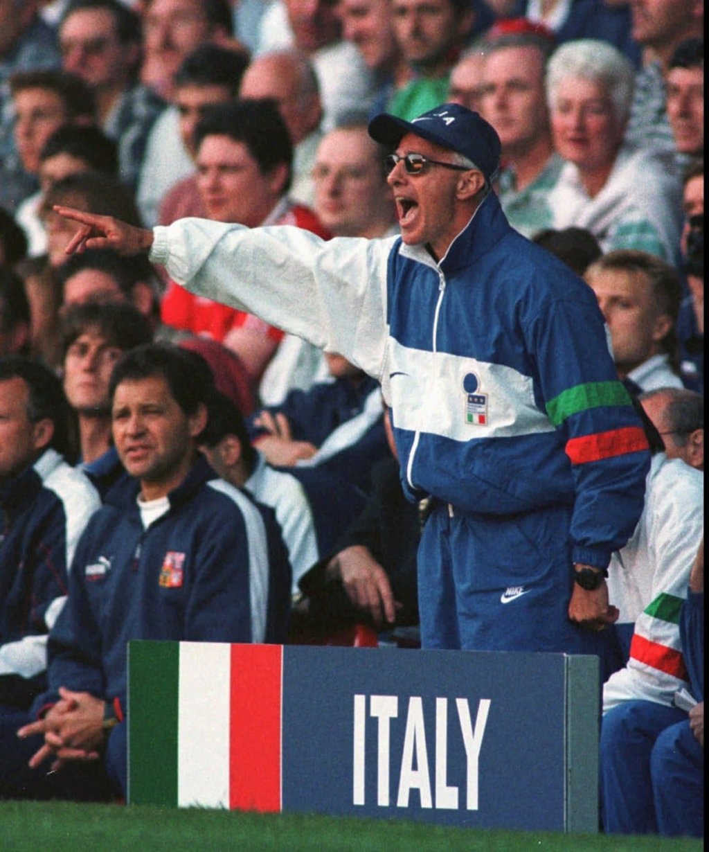 Italy coach Arrigo Sacchi on the sidelines at the 1996 European Championship in England. Photo: AP