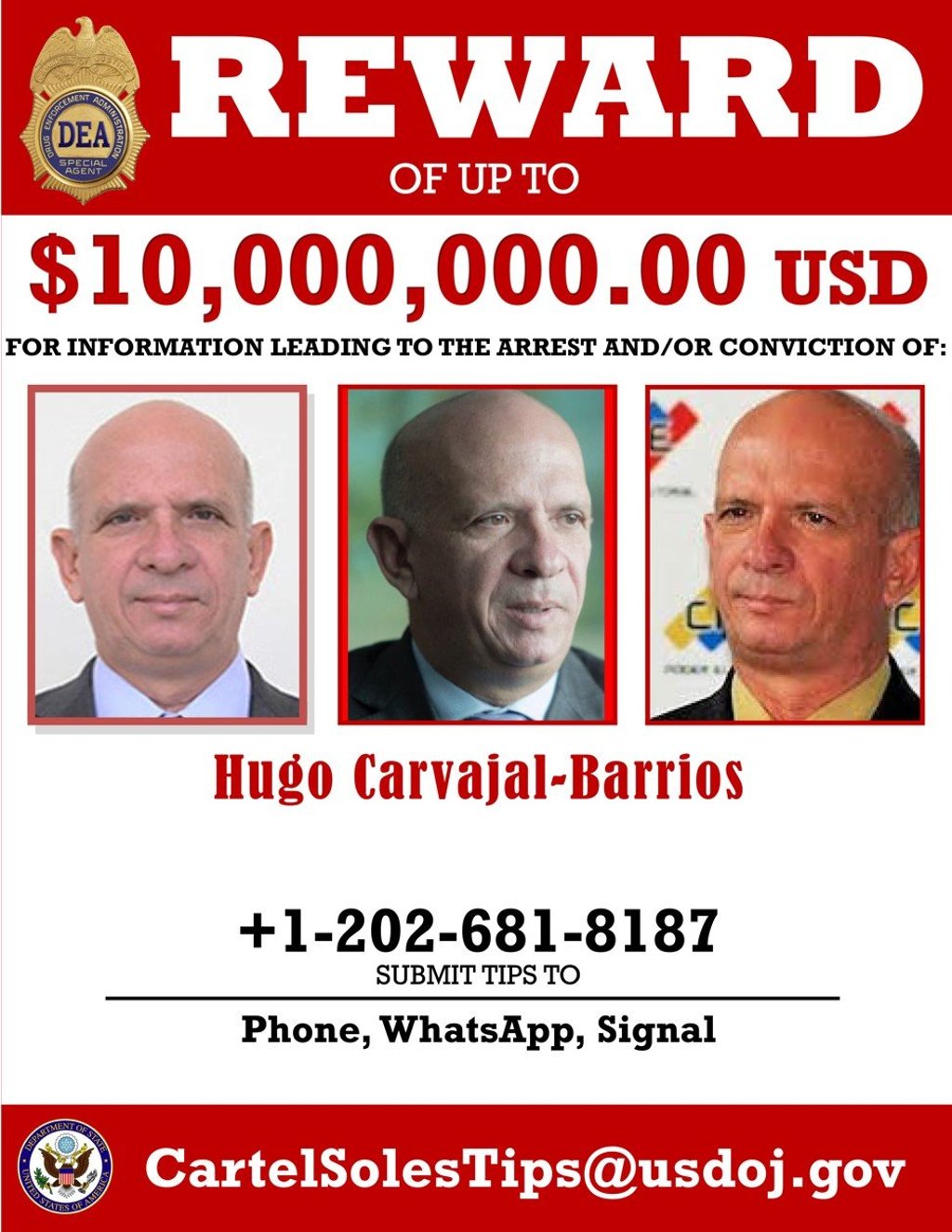 A reward poster for former Venezuelan military spy chief, retired Major General Hugo Carvajal. Photo: US Department of Justice via AP) A reward poster for former Venezuelan military spy chief, retired Major General Hugo Carvajal. Photo: US Department of Justice via AP)
