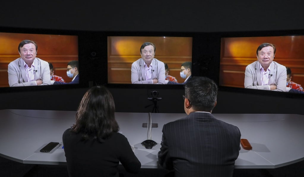 Huawei Technologies founder and chief executive Ren Zhengfei is interviewed by the SCMP Editor-in-Chief Tammy Tam (L) and Business Editor Eugene Tan (R) via video conference at Huawei Hong Kong office in Tsim Sha Tsui, March 2020. Photo: SCMP