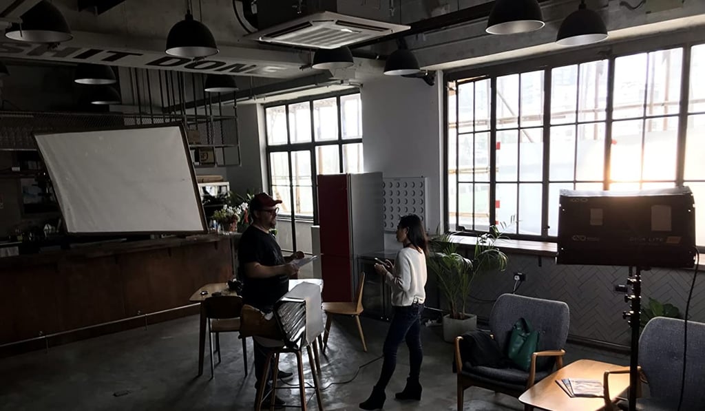 Franchesca Wong and director Thomas Elliott on the set of the Hong Kong short film Shut Off, about a man stuck in Wuhan, China, and his conversations with his family.
