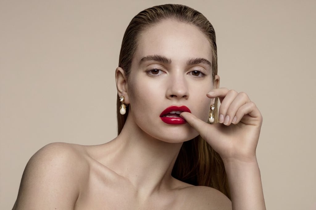 British Actress Lily James with applied Burberry's Dubbed Kisses Lip Lacquer. Photo: Burberry