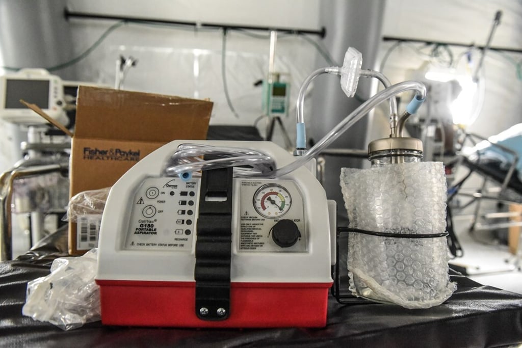 A ventilator is seen with other medical equipment in an emergency field hospital in New York City’s Central Park on Monday. Photo: AFP