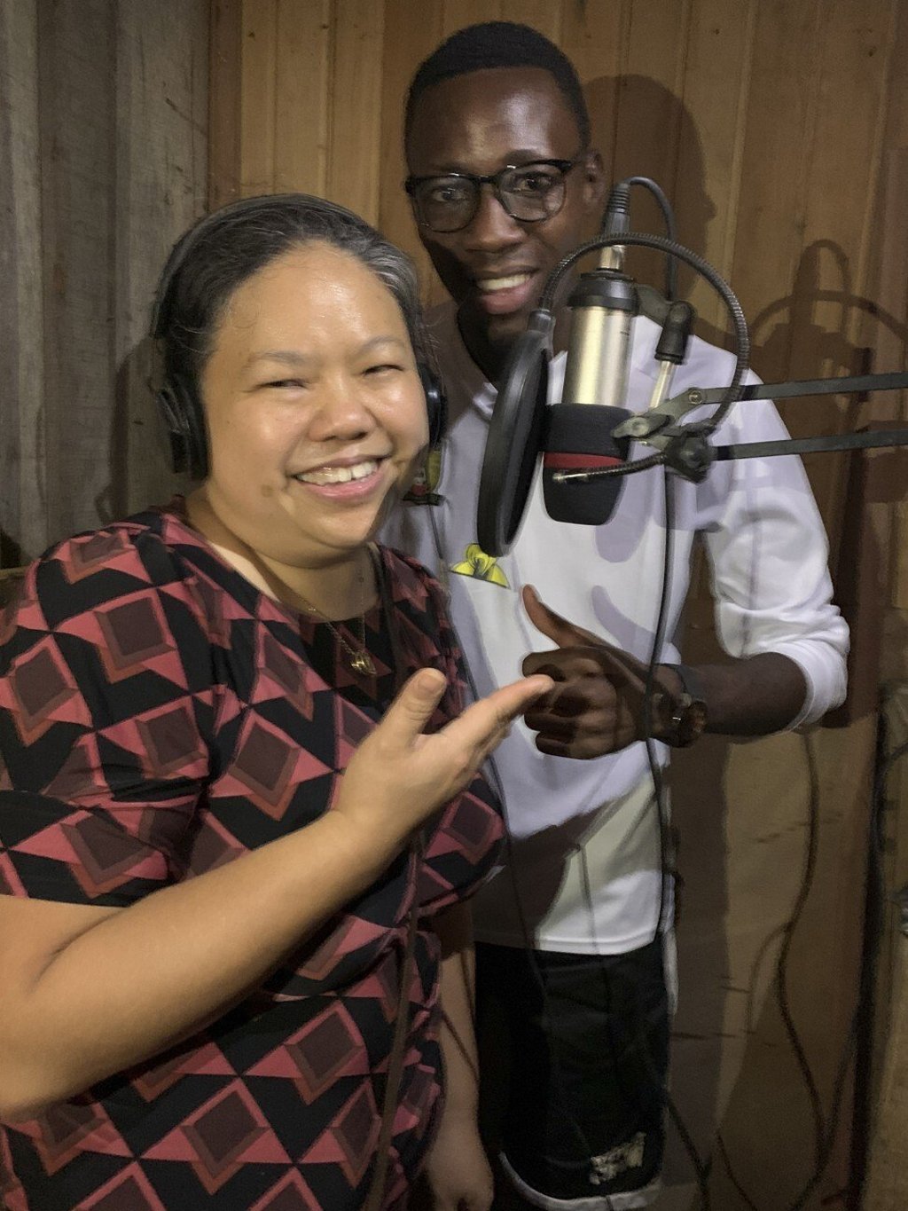Dr Joyce Samoutou-Wong (left) and singer Garmy record their voices for the song Congo United vs COVID-19 in Ouesso. The song tells how to prevent the spread of the virus. Photo: Courtesy Joyce Samoutou-Wong Dr Joyce Samoutou-Wong (left) and singer Garmy record their voices for the song Congo United vs COVID-19 in Ouesso. The song tells how to prevent the spread of the virus. Photo: Courtesy Joyce Samoutou-Wong