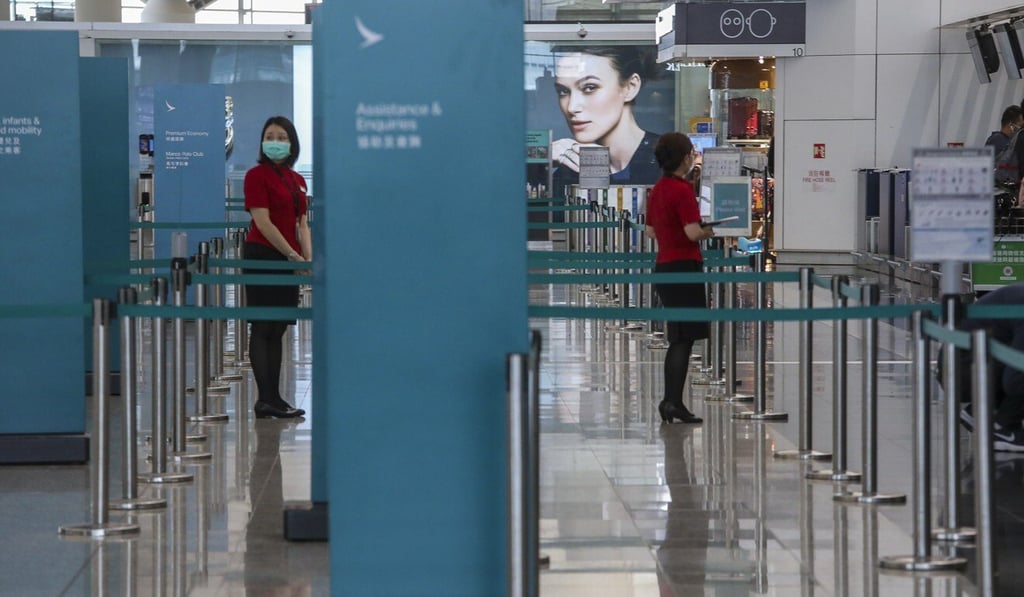 Empty check-in counters for Hong Kong’s flag carrier Cathay Pacific. Photo: Felix Wong