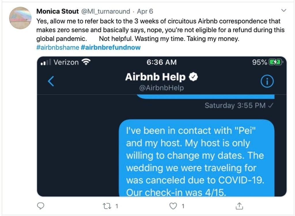 Post by @MI_turnaround airing their displeasure at not receiving Airbnb refunds because of Covid-19. Photo: Twitter