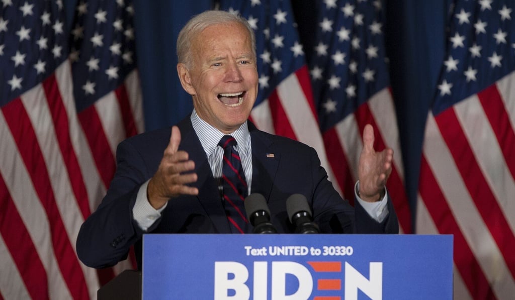 Democratic presidential candidate, former US vice-president Joe Biden, addresses an audience in Rochester, New Hampshire, on October 9 last year. During his address, Biden said Trump had violated his oath of office and called for his impeachment to preserve the US Constitution. Photo: EPA-EFE