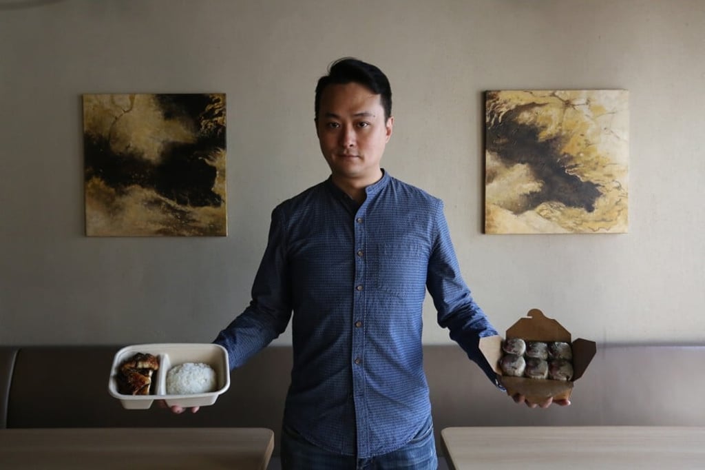 Anthony Ng with (left) a takeaway unagi (eel) rice and saba bonzushi at his restaurant in Causeway Bay. Photo: Jonathan Wong