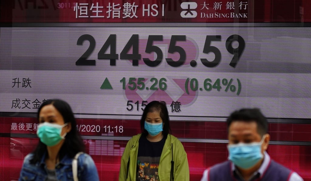 People walk past a board showing the Hong Kong share index on April 14, 2020. Photo: AP