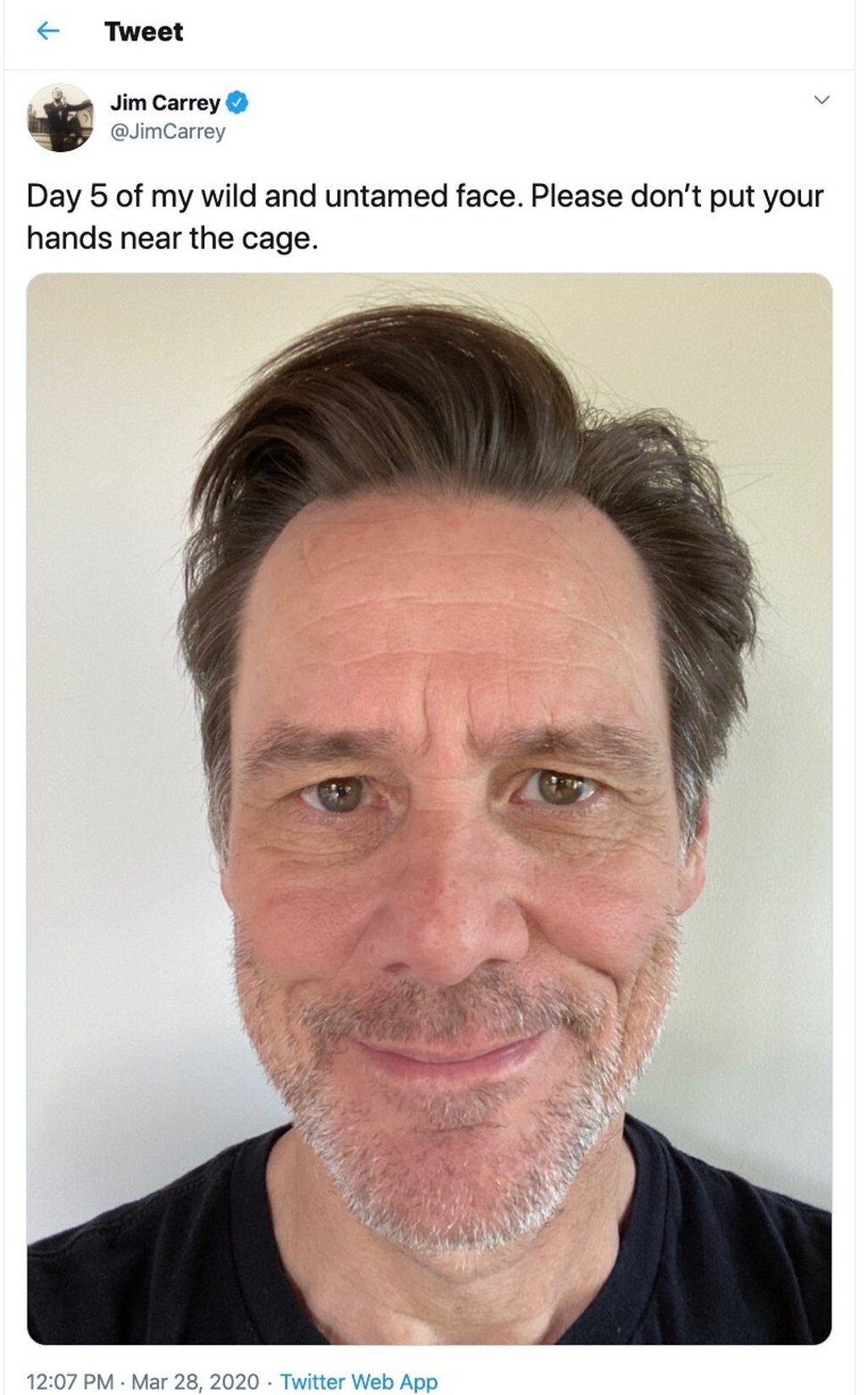 US comic actor Jim Carrey started growing a beard while under Covid-19 self-isolation and vows to keep it until everyone goes back to work. Photo: Twitter/ Jim Carrey