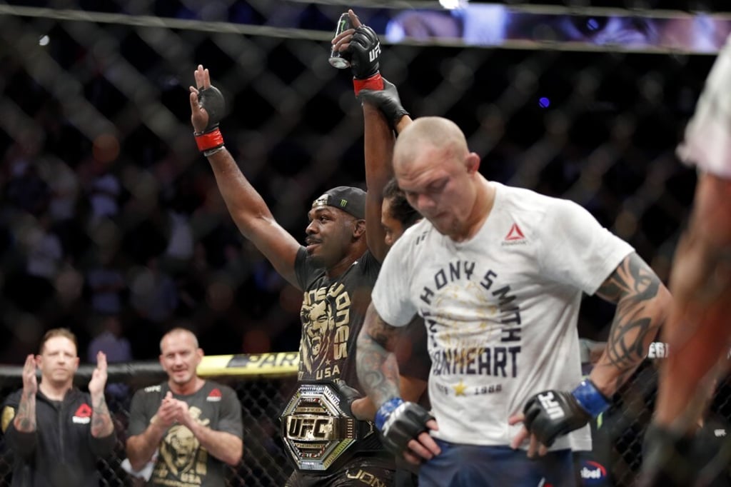 Jon Jones celebrates after his win against Anthony Smith at UFC 235.