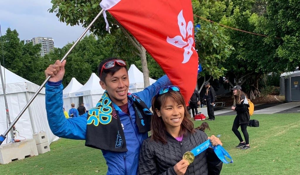 Christy Yiu celebrates with her husband Chan Ka-ho when she finishes sixth in the 2019 Gold Coast Marathon in Australia. Photo: Handout