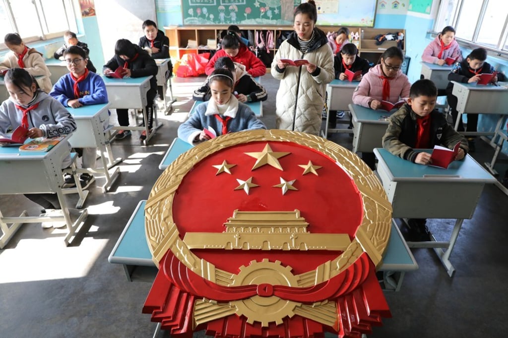 Primary students in a school in Hangzhou, Zhejiang province, attend a class on China’s constitution and the national emblem on December 3 last year. Photo: VCG