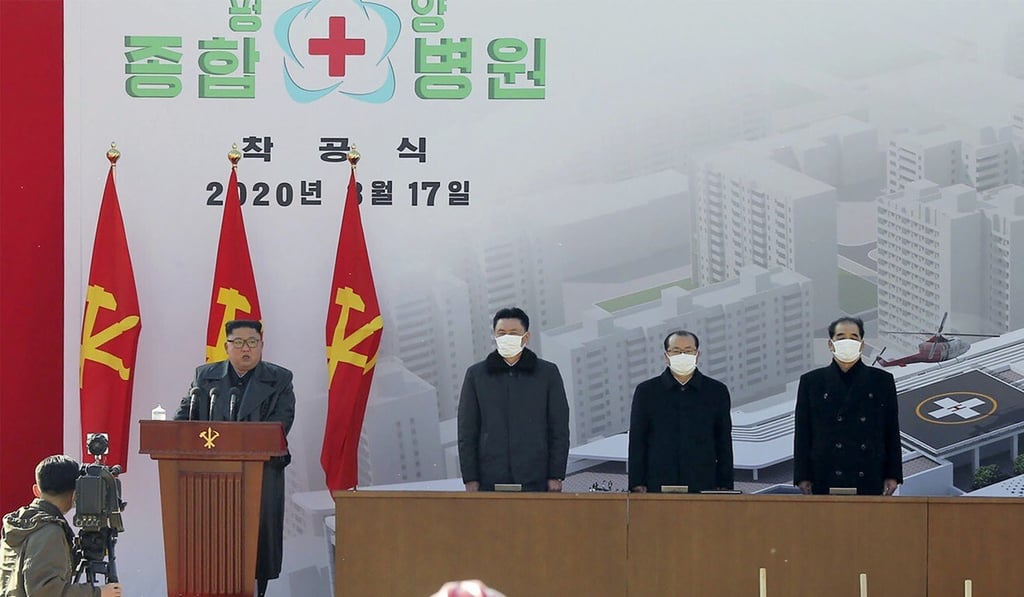North Korean leader Kim Jong-un speaks at the ground-breaking ceremony of a general hospital in Pyongyang in March. Photo: AP