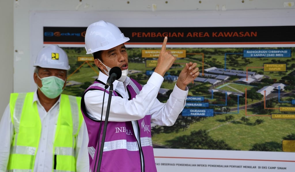 Indonesian President Joko Widodo delivers a speech about an emergency hospital being built to treat patients with the coronavirus. Photo: Reuters
