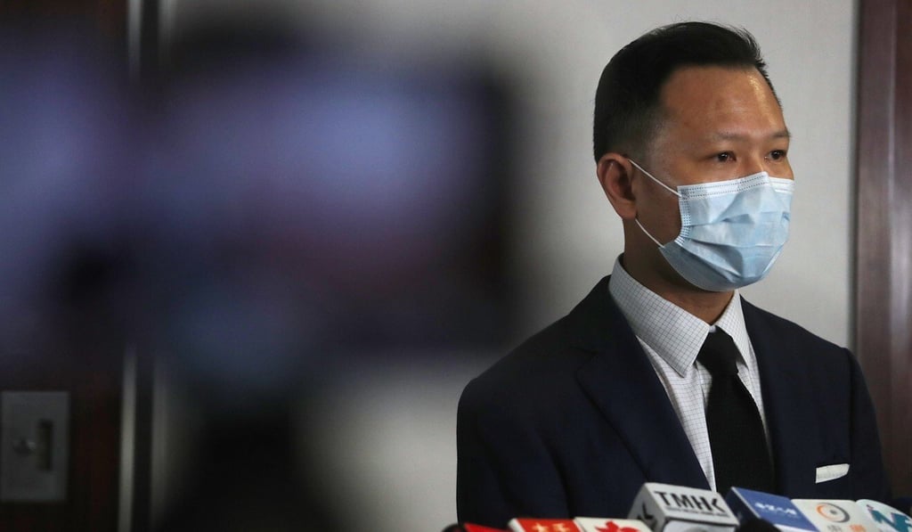 Opposition lawmaker Dennis Kwok Wing-hang, who has been singled out by Beijing for “paralysing” Legco with “malicious” filibustering, speaks to the press at the Legislative Council complex in Admiralty on April 17. Photo: Edmond So