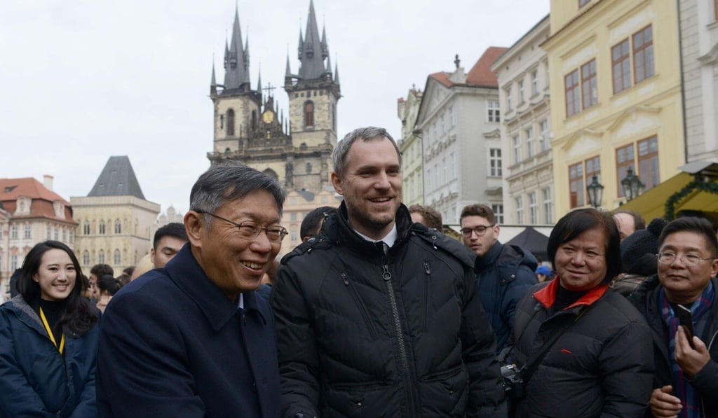Prague Mayor Zdenek Hrib (centre) with Taipei Mayor Ko Wen-je at the Old Town Square in Prague in January. Photo: AFP