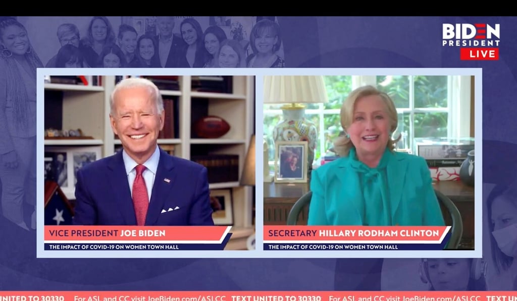 Democratic US presidential candidate Joe Biden smiles as former secretary of state and 2016 Democratic presidential nominee Hillary Clinton endorses him for president during an online town hall on Tuesday. Photo: Biden for President via Reuters Democratic US presidential candidate Joe Biden smiles as former secretary of state and 2016 Democratic presidential nominee Hillary Clinton endorses him for president during an online town hall on Tuesday. Photo: Biden for President via Reuters