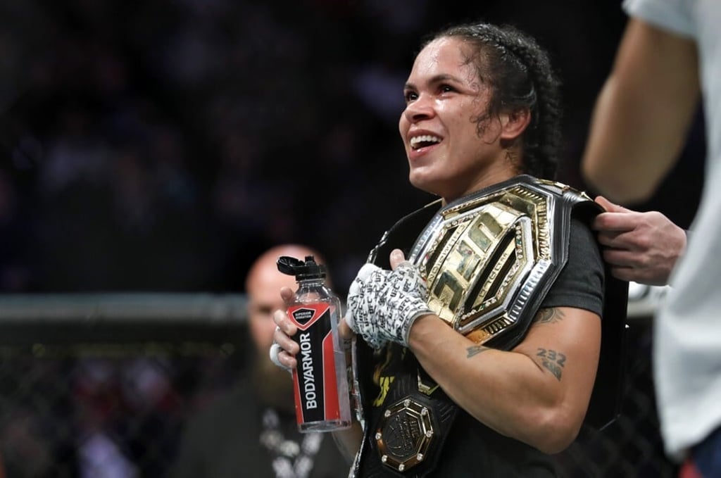 Amanda Nunes enjoys her unanimous decision win over Germaine de Randamie at UFC 245. Photo: AFP