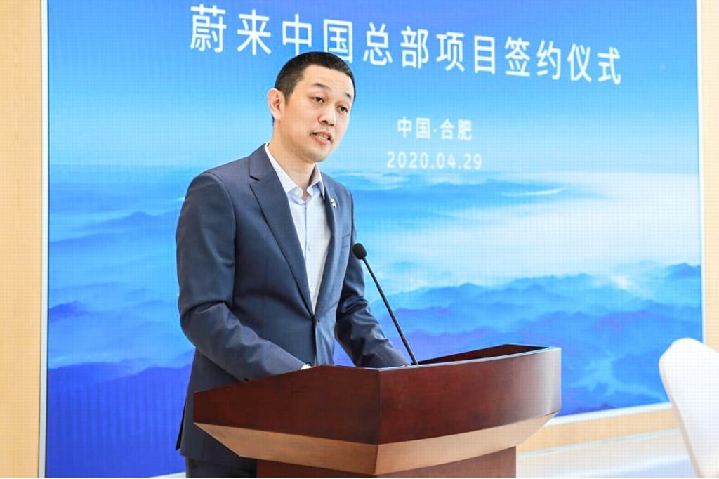 William Li Bin, founder and chief executive of electric carmaker NIO, speaks after signing definitive agreements for new investments totalling US$1 billion from strategic investors on April 29. Photo: Handout