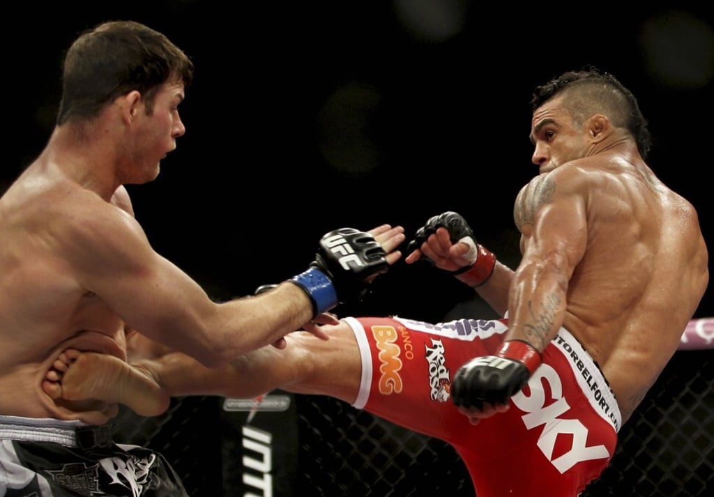 Vitor Belfort throws a kick at Michael Bisping at UFC on Fox 7 in Sao Paulo, Brazil in January 2013. Photo: Reuters