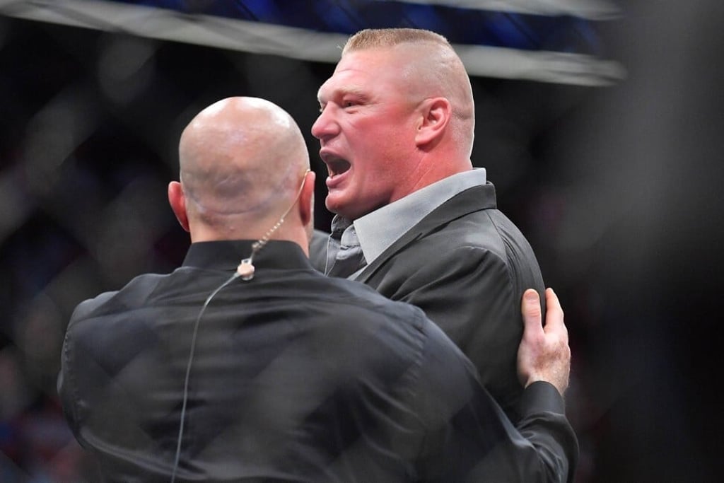 Brock Lesnar challenges Daniel Cormier after Cormier’s heavyweight championship fight against Stipe Miocic in 2018. Photo: AFP