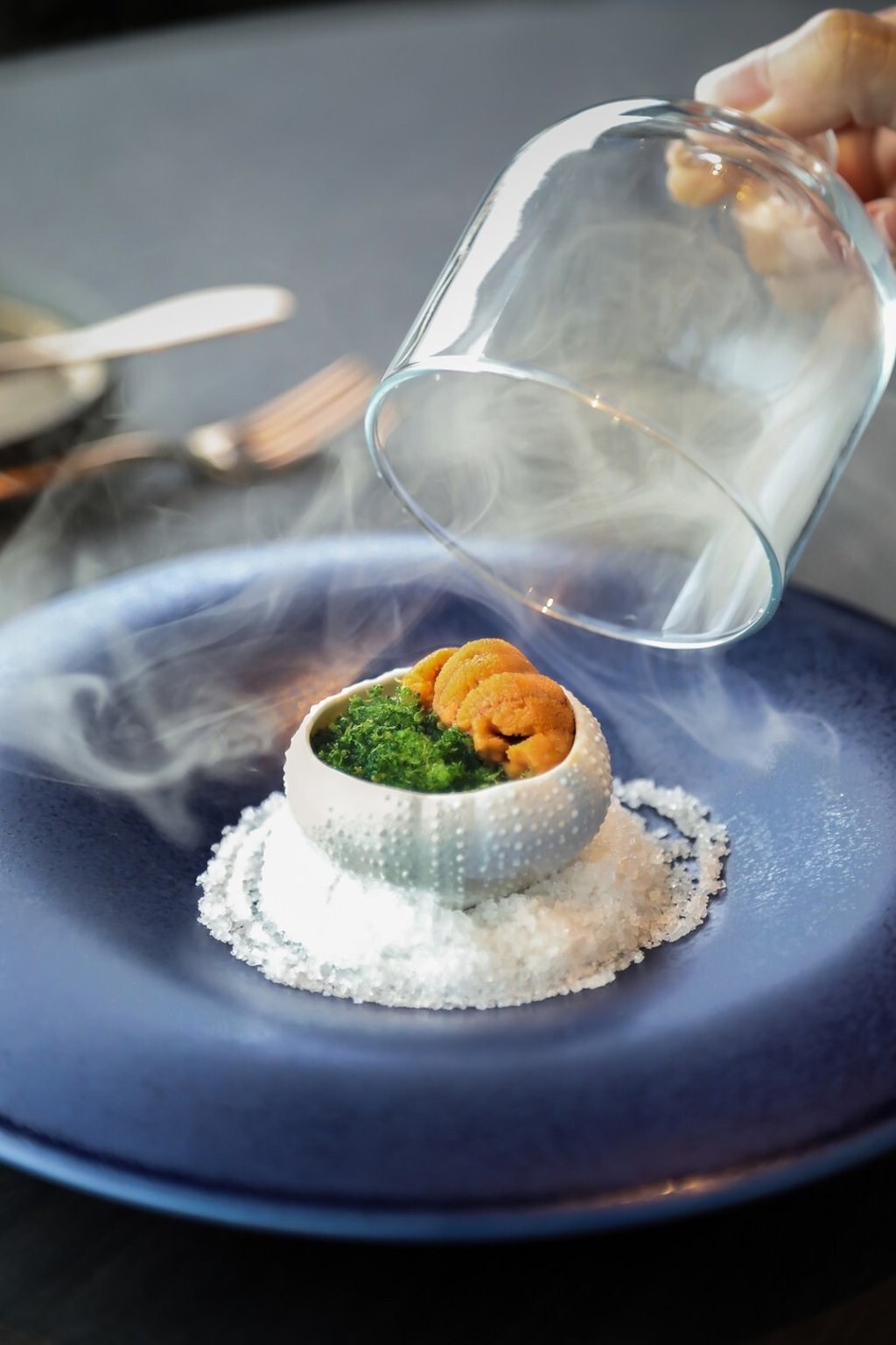 Pano’s apple wood smoked organic broccoli royale with Hokkaido sea urchin. Photo: Pano