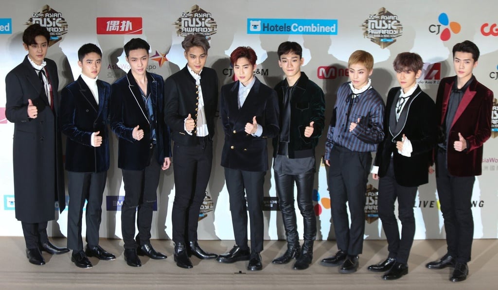 Exo line up – from left to right, Chanyeol, D.O., Lay, Kai, Suho, Chen, Xiumin, Baekhyun and Sehun – at the 2016 Mnet Asian Music Awards. Photo: Xiaomei Chen