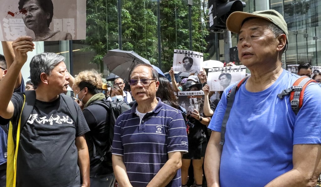 From left, Lee Chuk-yan, Yeung Sum and Jimmy Lai at an anti-government protest in Central in August last year. Photo: Dickson Lee