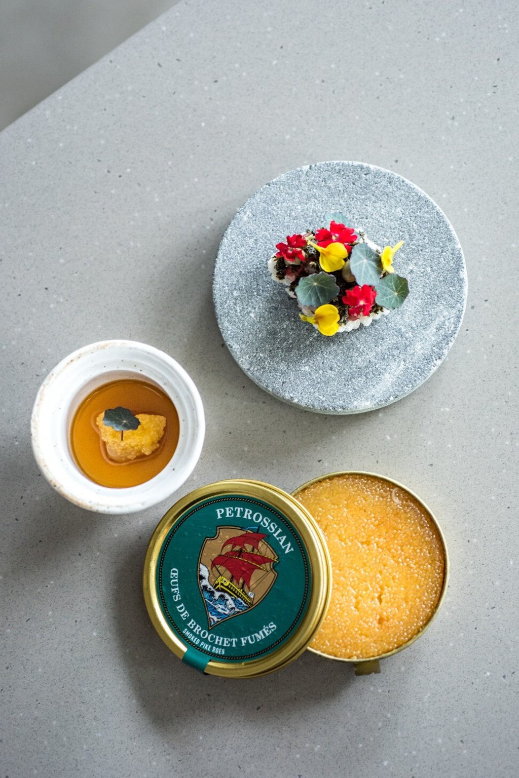 Seaweed custard with beef tendon and pike perch. Photo: Roganic