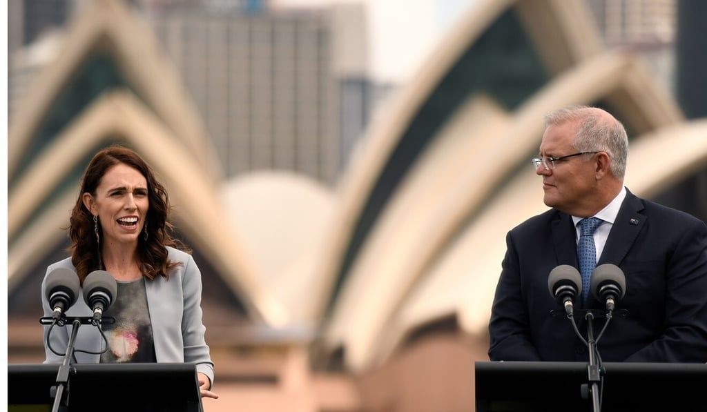 New Zealand Prime Minister Jacinda Ardern and Australian Prime Minister Scott Morrison speak to the media in Sydney in February 2020. Photo: EPA-EFE