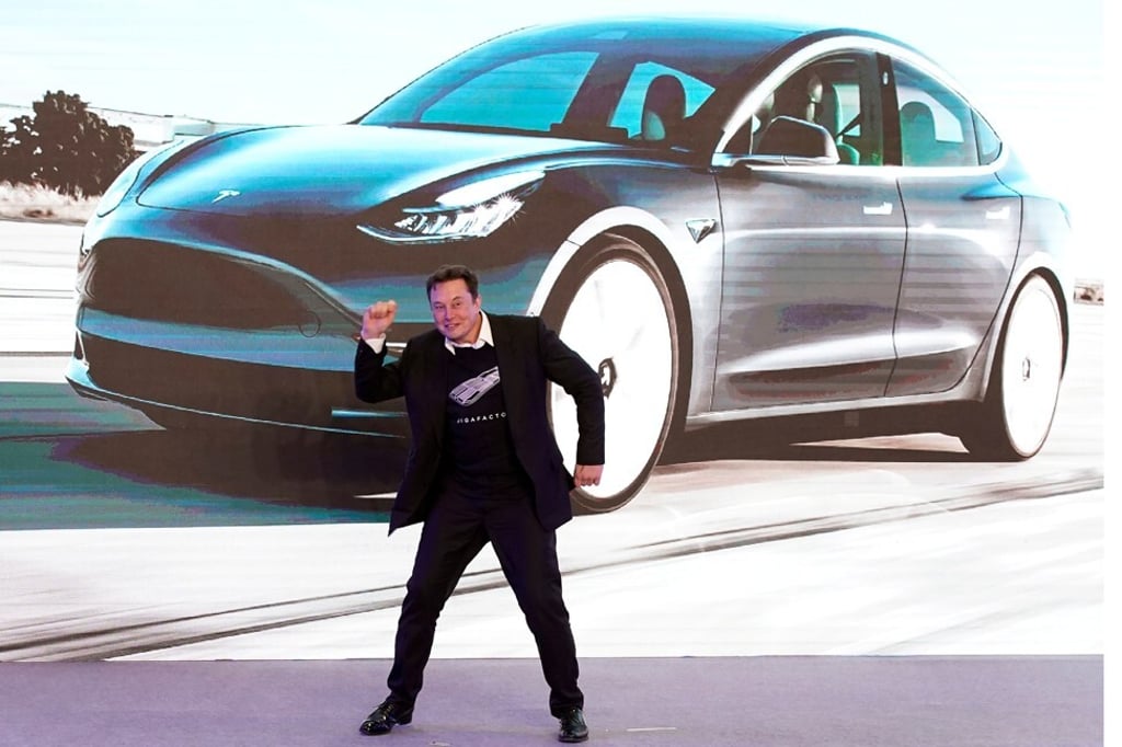 Tesla chief executive Elon Musk dances onstage during the delivery event in Shanghai for the US carmaker’s China-made Model 3 electric vehicle on January 7. Photo: Reuters