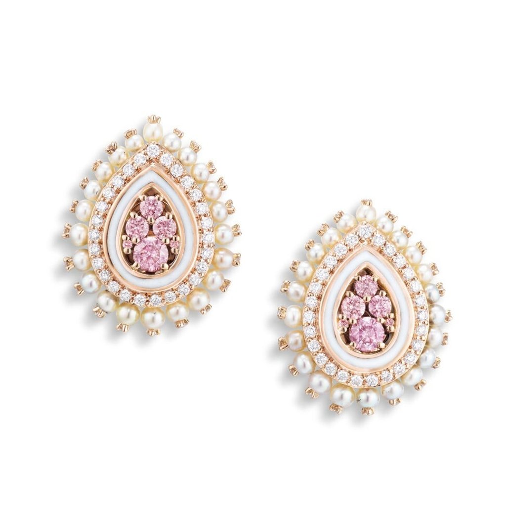 Fancy pink diamond, seed pearl and diamond earrings by Sarah Ho. Photo: Phillips