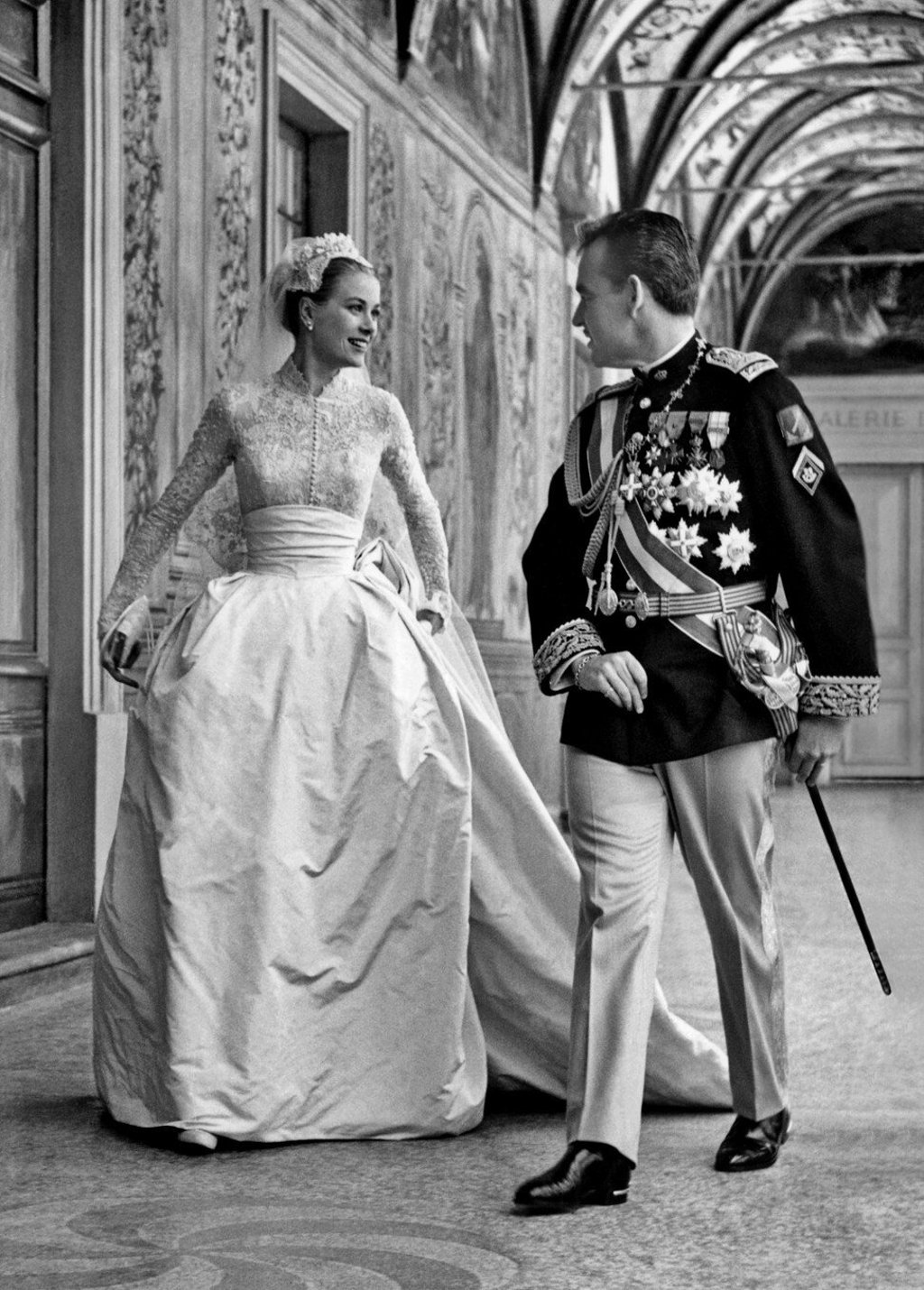 Princess Grace in her wedding gown, created by Helen Rose, and Prince Rainier III of Monaco. Photo: handout