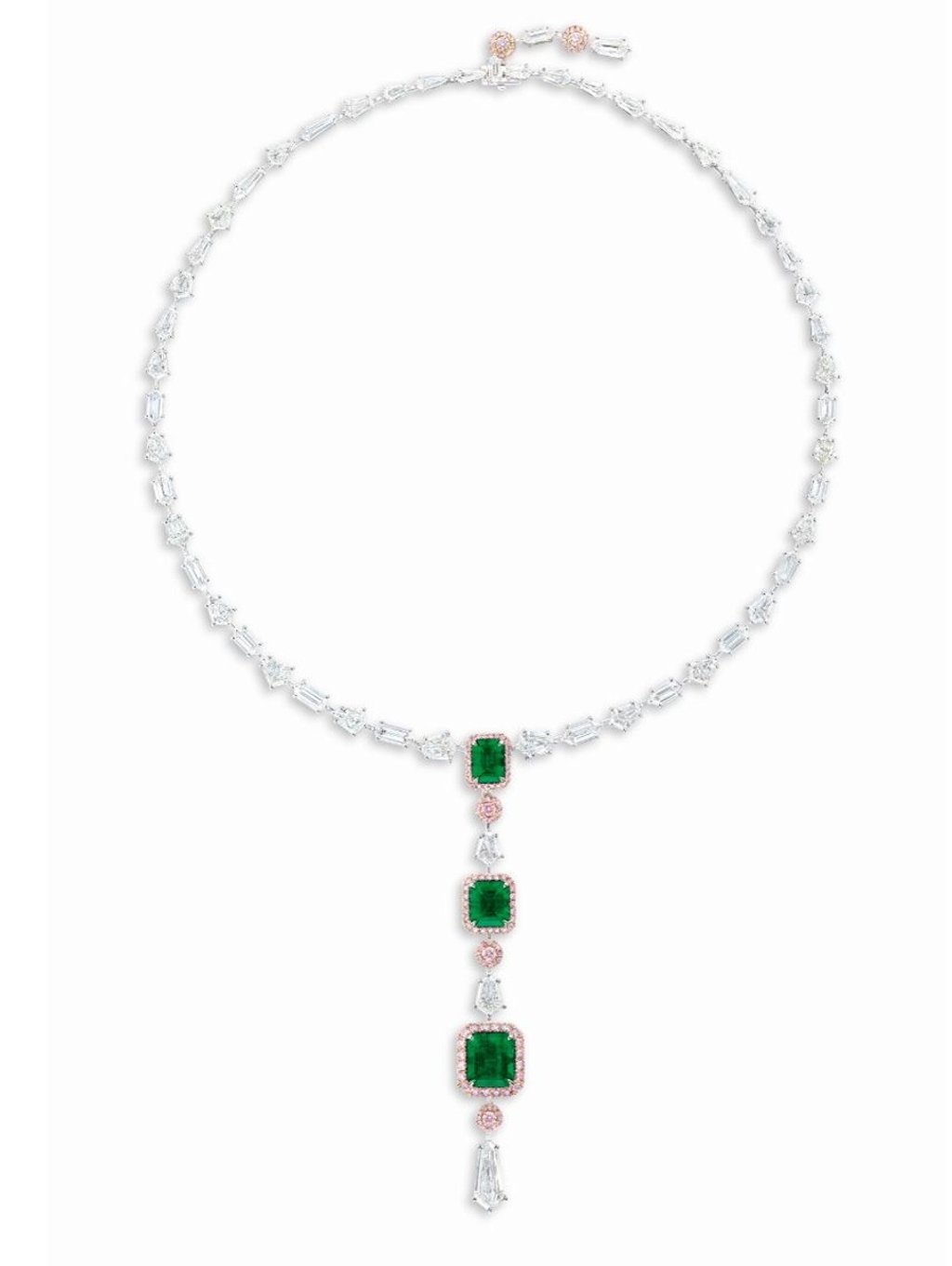 A Muzo emerald, Argyle pink diamond and white diamond necklace.