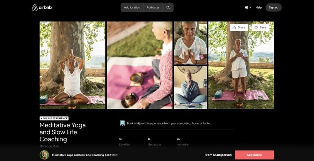 Airbnb’s Meditative Yoga and Slow Life Coaching virtual experience.
