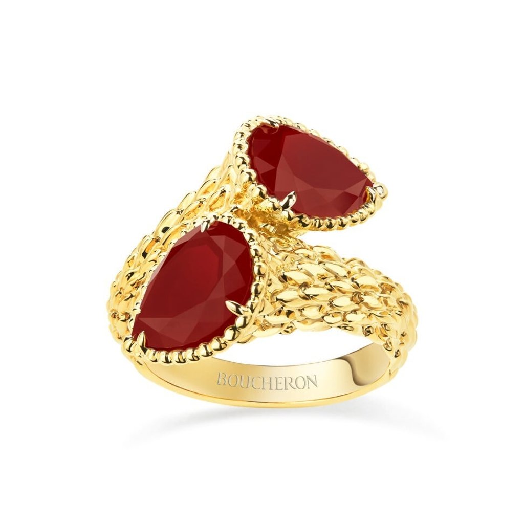 Serpent Bohème Toi & Moi ring with carnelian, set in yellow gold. Photo: Boucheron Serpent Bohème Toi & Moi ring with carnelian, set in yellow gold. Photo: Boucheron