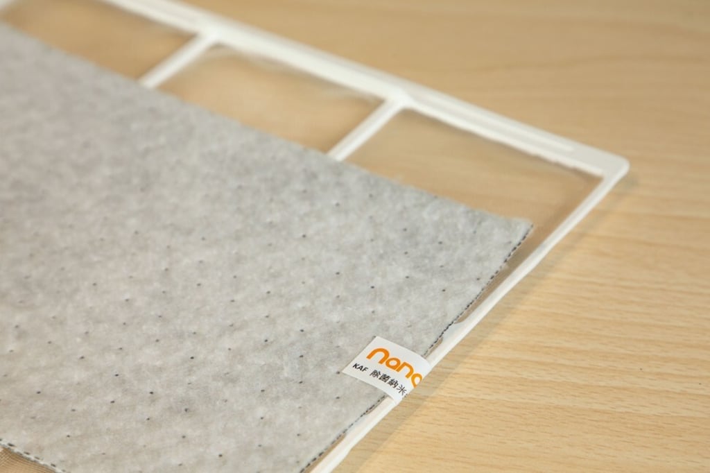 Eco Link’s NanoFIL air filters can be cut to fit and then placed over existing air conditioner filters. Photo: Frank Chan