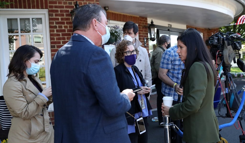 Katie Miller (right), press Secretary for US Vice-President Mike Pence, speaks with reporters. She tested positive for Covid-19 the next day. Photo: Reuters Katie Miller (right), press Secretary for US Vice-President Mike Pence, speaks with reporters. She tested positive for Covid-19 the next day. Photo: Reuters