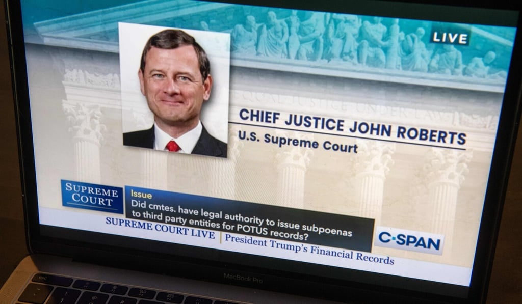 Chief Justice John Roberts speaks via an audio feed during Supreme Court oral arguments regarding President Donald Trump’s financial records on Tuesday. Photo: AFP