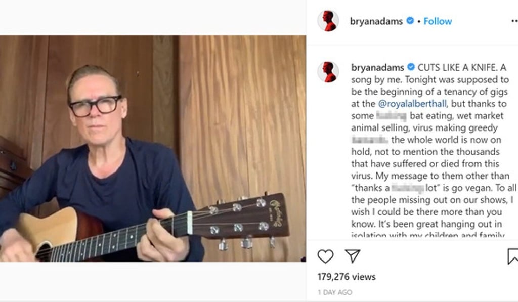A screen grab of Canadian singer Bryan Adams’s Instagram post, which some have criticised as being “racist garbage”. Image: Bryan Adams via Instagram