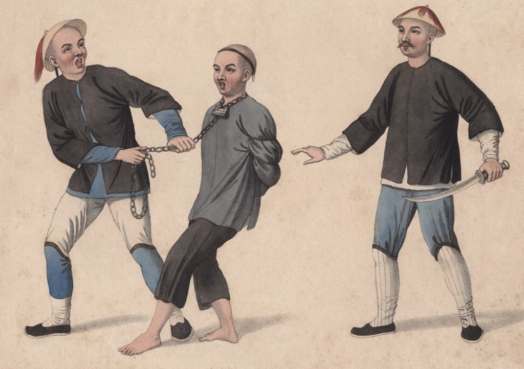 A drawing of a criminal being restrained by law-enforcement officers in China, circa 1850. Photo: Getty Images