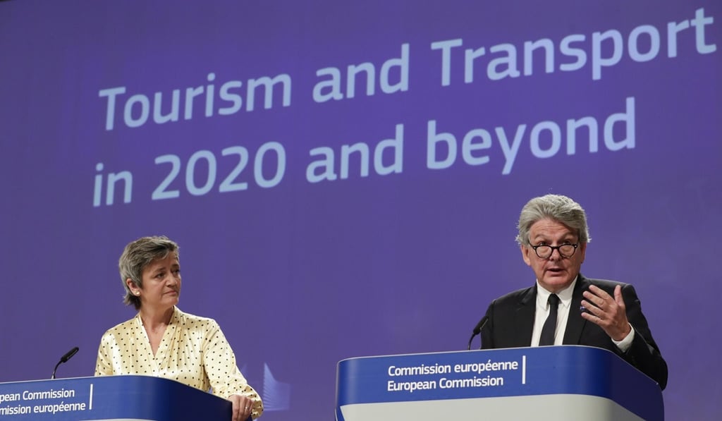 European Commission Vice-President Margrethe Vestager (left) and European Commissioner for the Internal Market Thierry Breton at a media conference on tourism at EU headquarters in Brussels. Photo: Pool Photo via AP