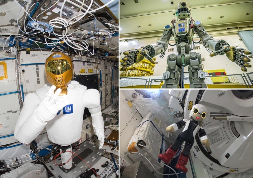 A combination of file photographs shows: Nasa’s Robonaut 2 humanoid robot, left, during a system checkout in the Destiny laboratory of the International Space Station (ISS) on March 13, 2012; Top right, Russian humanoid robot Skybot F-850, Fedor, being tested ahead of its flight on board the Soyuz MS-14 spacecraft at the Baikonur Cosmodrome in Kazakhstan, on July 26, 2019; and humanoid robot Kirobo, from Japan’s Kibo Robot Project, aboard the ISS on November 6, 2013. Photo: Agence France-Presse