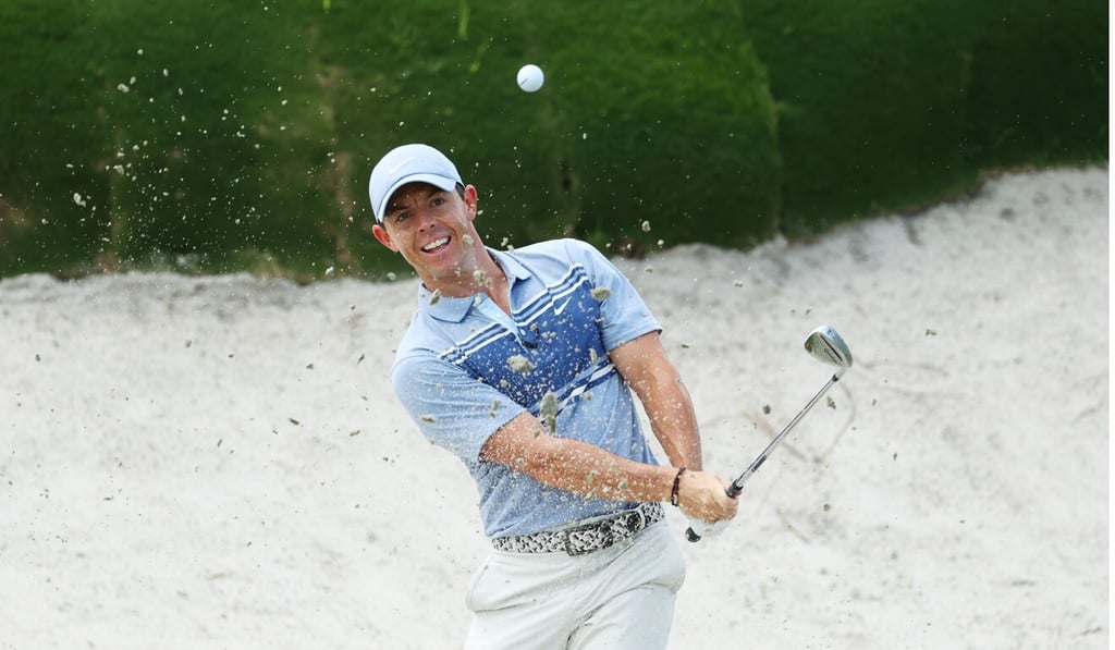 Rory McIlroy plays a shot from a bunker on the second hole during the TaylorMade Driving Relieve. Photo: USA Today